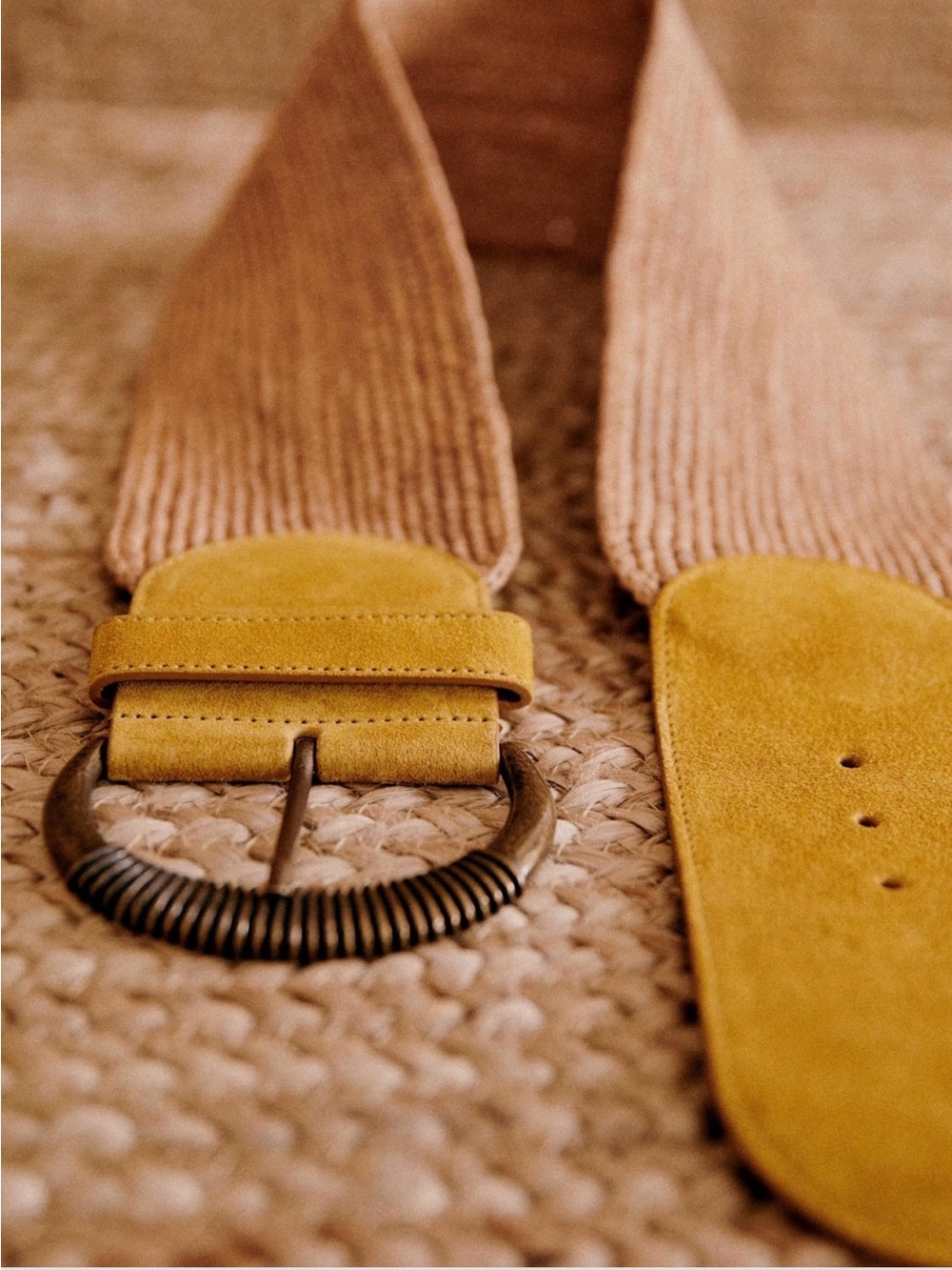 Sézane Charlie Raffia Suede Leather Wide Belt S